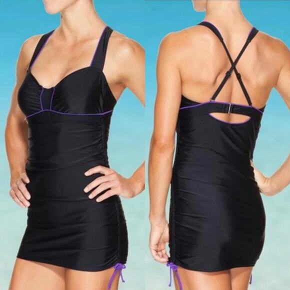 NWT Athleta Women Black & Purple Sara Swim Dress Ruched Overlay Size 34 B/C Tall - Picture 1 of 14
